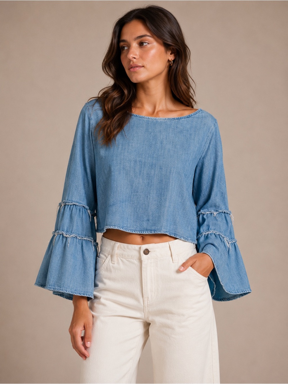Zara Light Blue Chambray Bell-Sleeve Top